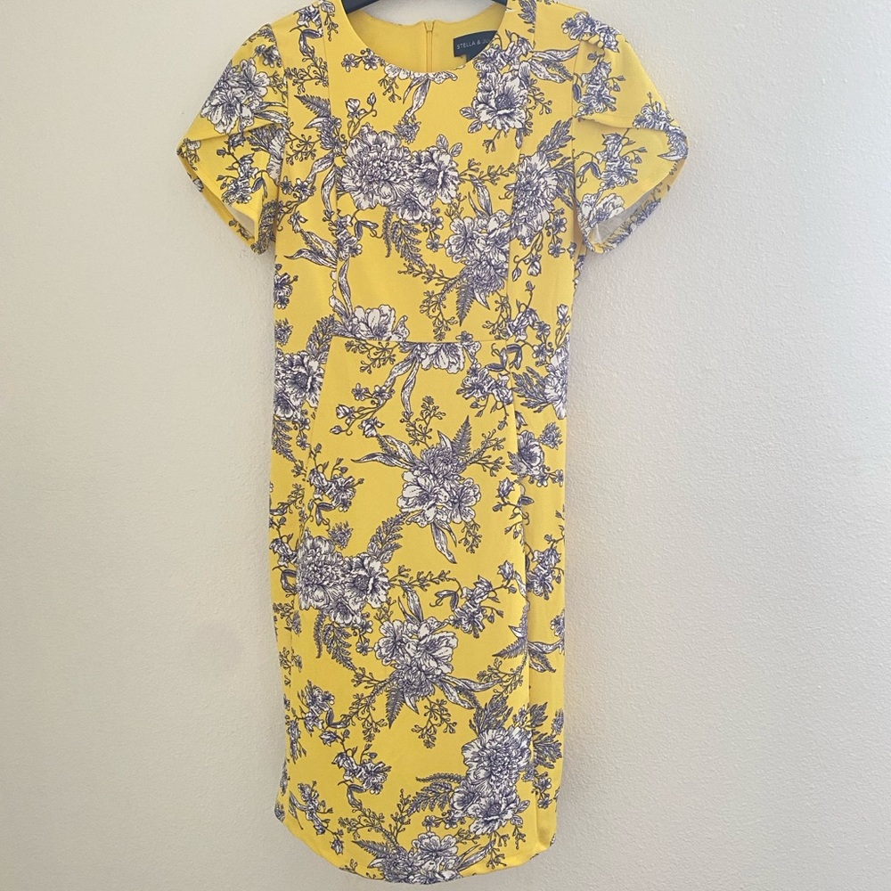 Yellow and Blue Sheath Midi Dress with Peter Pan Collar